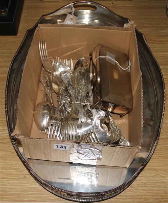 A quantity of Kings pattern plated flatware (37 pieces), a large plated oval tray and a plated cigarette box